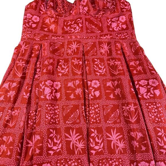 Agua Bendita Red Mambo Ipanema Escarlata Red Linen Printed Midi Summer Dress, XL - Picture 9 of 16